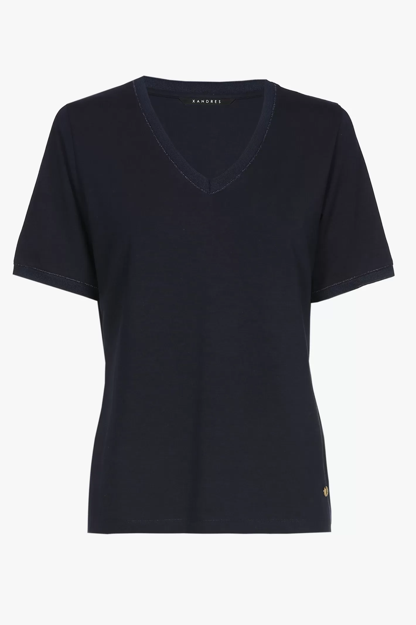 Femme Xandres T-shirt bleu marine à manches courtes et col en V.