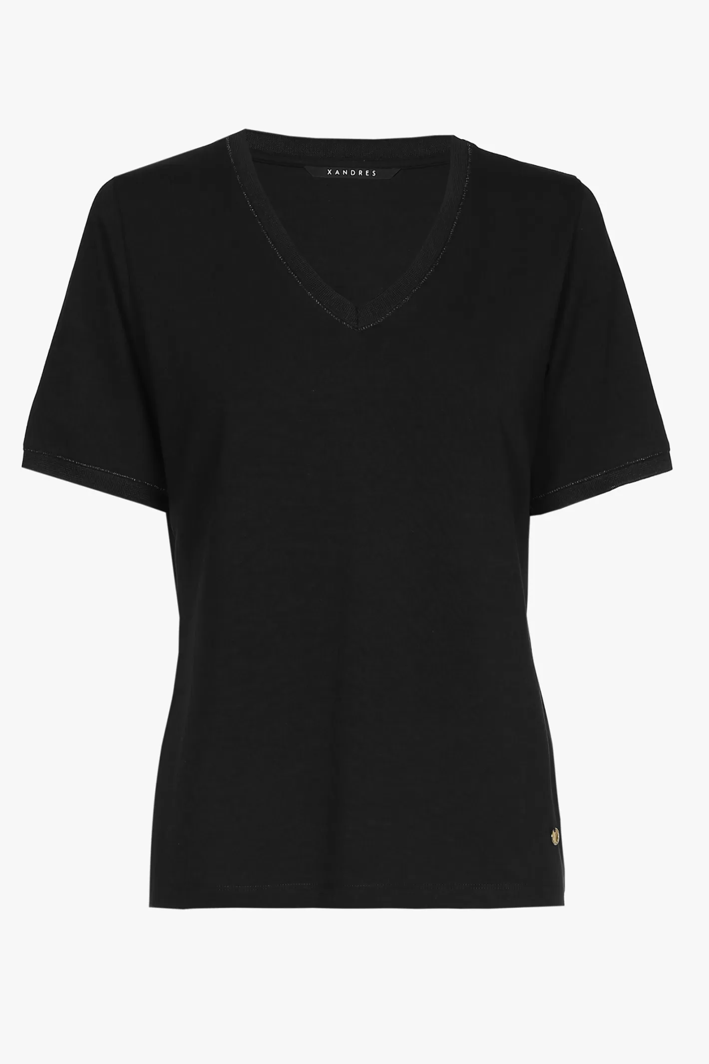 Femme Xandres T-shirt noir à manches courtes et col en V.